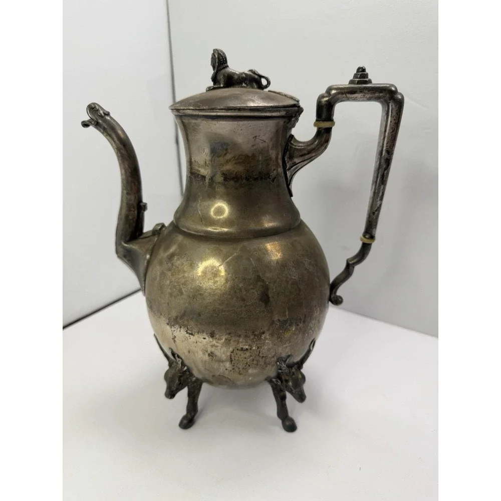 Antique Simpson‎ Hall Miller Sphinx Deer Heads Silver Plate Teapot 1880 Engraved